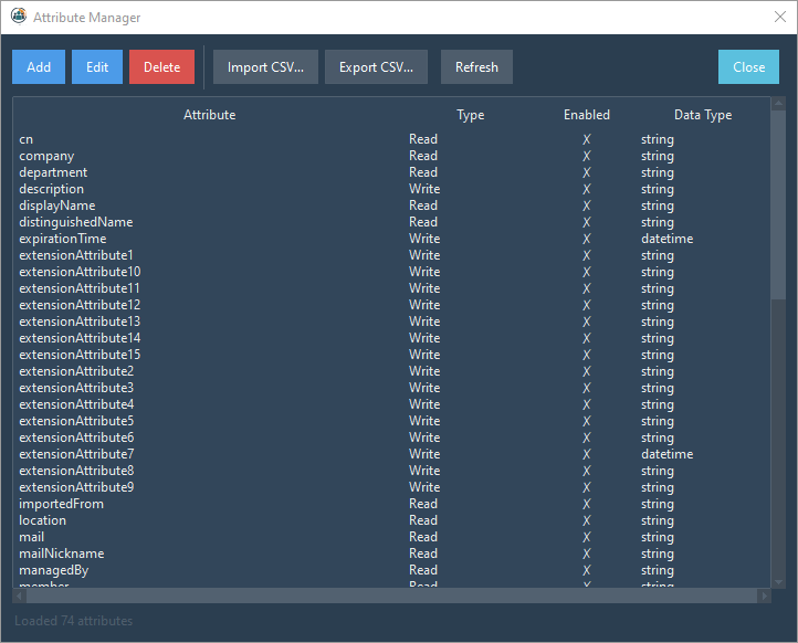 Attribute Settings Screen
